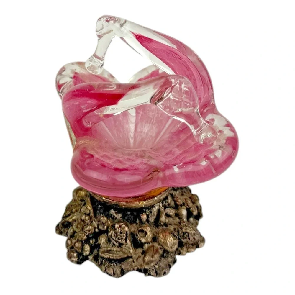 Murano Glass MCM Mini Pink Flower with Metal Base Italy Mid Century Decor‎